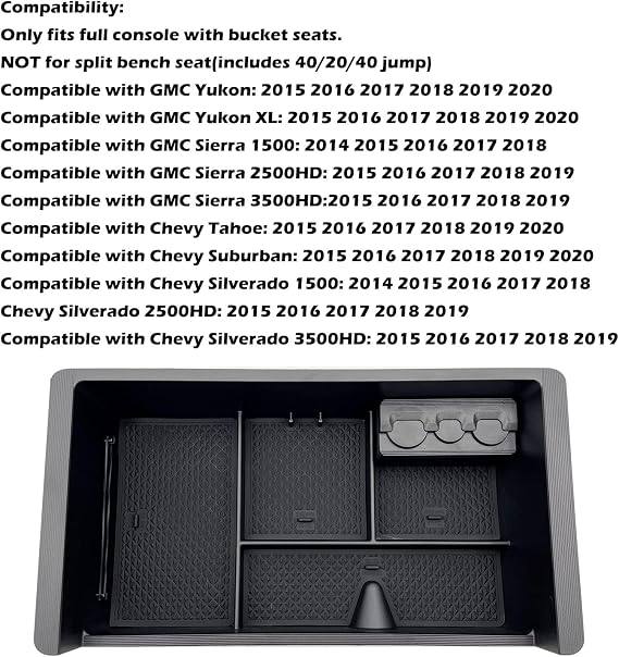2014-2018 GMC Sierra Aksesuarları ile Uyumlu Orta Konsol Düzenleyici Tepsi, (2015-2020) Yukon/Chevy Tahoe Silverado Banliyö, Kol Dayama Saklama Kutusu 22817343 (Siyah)