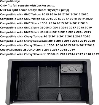 2014-2018 GMC Sierra Aksesuarları ile Uyumlu Orta Konsol Düzenleyici Tepsi, (2015-2020) Yukon/Chevy Tahoe Silverado Banliyö, Kol Dayama Saklama Kutusu 22817343 (Siyah)