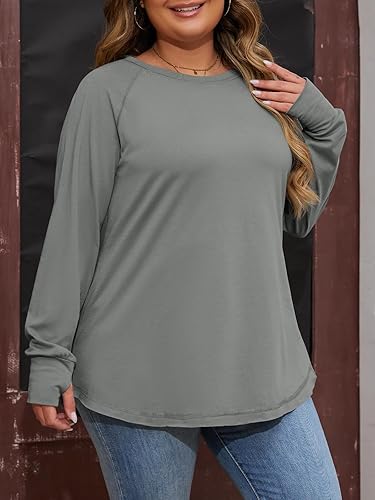 Miniatura 3 de Camiseta básica de manga larga para mujer, talla grande, cuello redondo, ajuste holgado, para verano, camiseta básica