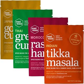 MASI MASA Mixed 4-Pack: Indian Tikka Masala, Thai Green Curry, Japanese Gold Curry & Moroccan Ras El Hanout Spice Blend (4 pack), Seasoning for Simmer Sauce, Marinade or Rub, Vegan, No Gluten, Soy, Dairy, or GMOs