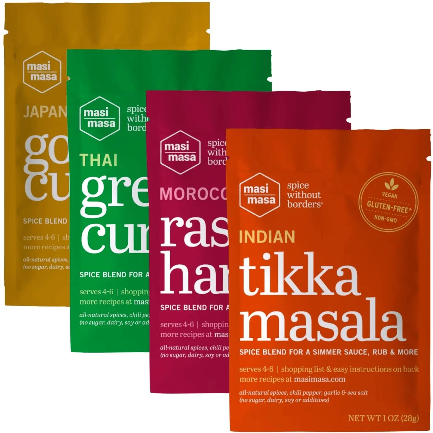 MASI MASA Mixed 4-Pack: Indian Tikka Masala, Thai Green Curry, Japanese Gold Curry & Moroccan Ras El Hanout Spice Blend (4 pack), Seasoning for Simmer Sauce, Marinade or Rub, Vegan, No Gluten, Soy, Dairy, or GMOs
