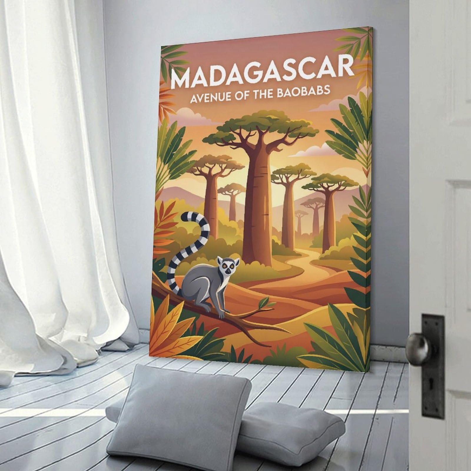 Junmoney Madagascar Avenue of The Baobabs Lemur Decorative Wall Artwork, 12x18inch(30x45cm), for New Homes, Bedrooms Or Workspaces, Gift Idea for Housewarming And Birthdays