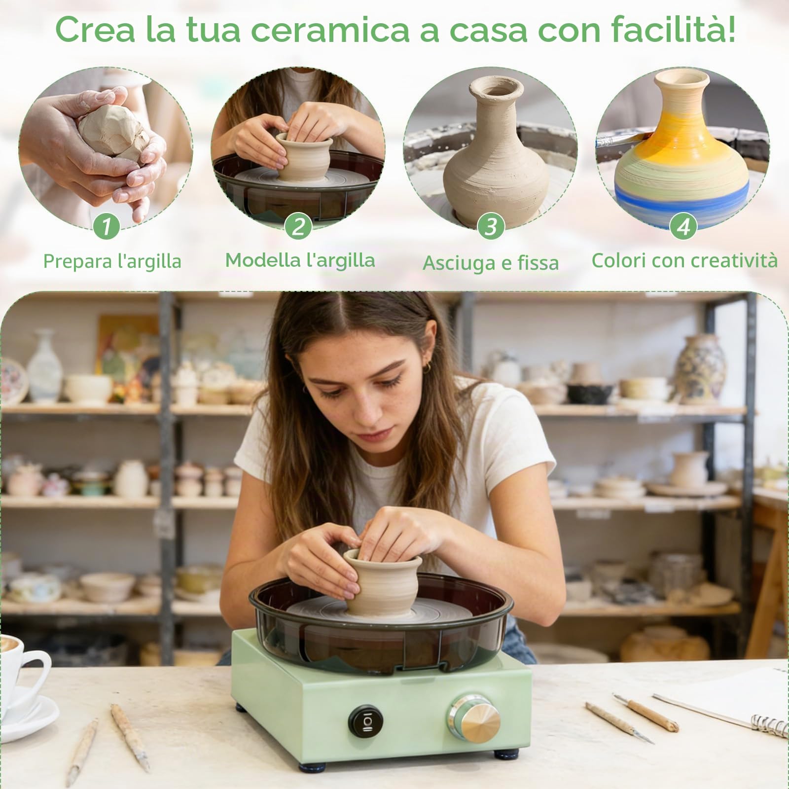 Mini Tornio da Ceramica con Piatto Rotante Bifacciale da 15 cm, Struttura Metallica, Paraspruzzi Rimovibile e Kit di Strumenti, Macchina per Modellare Argilla per Principianti, Bambini e Adulti