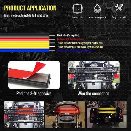 Miniatura 6 de YEORO Tira de luz trasera LED universal de 11.8 pulgadas, luz de freno DRL 3 en 1, luz de freno roja y luz intermitente ámbar 108 LED, tira flexible