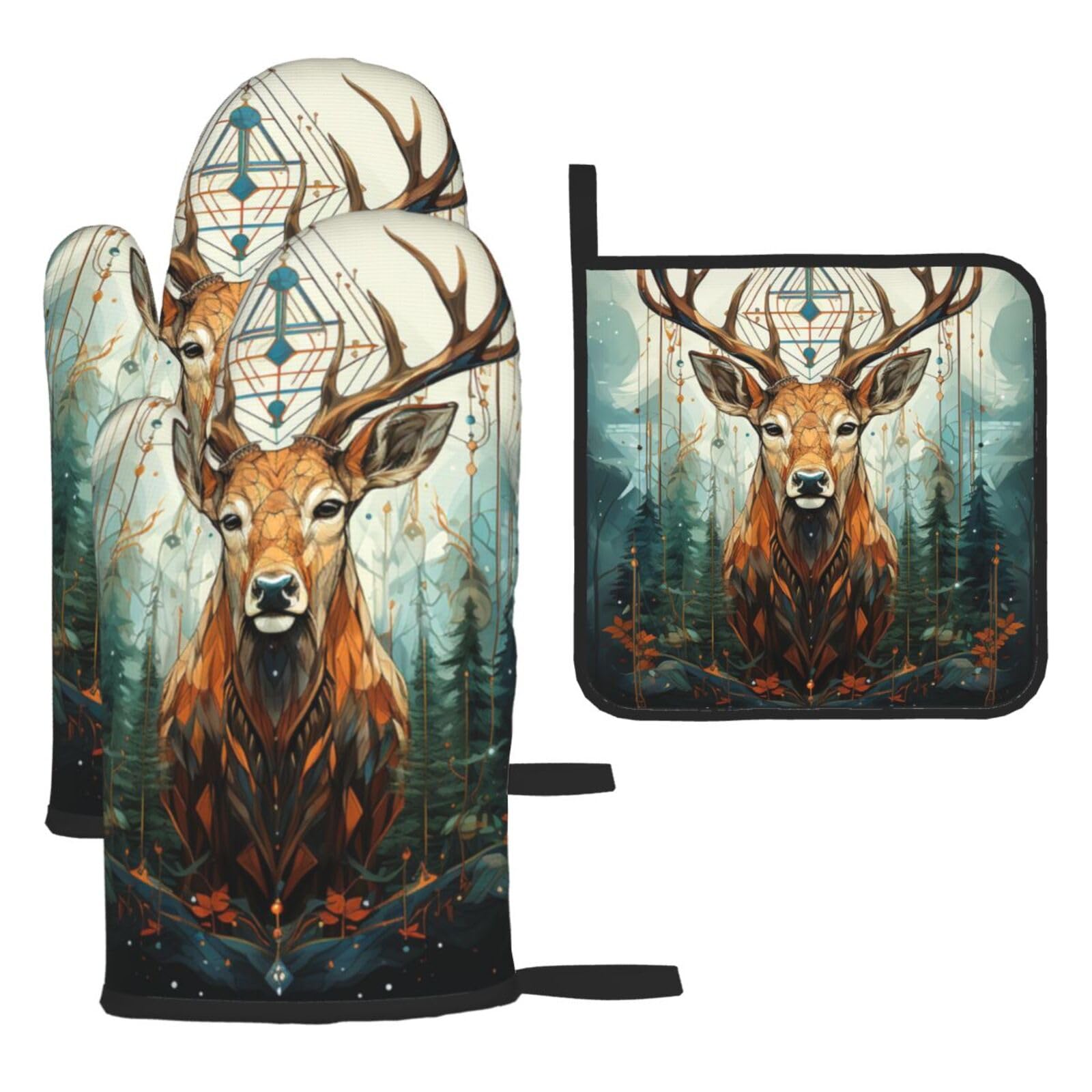 Oven Mitts and Pot Holders Sets of 3 Hunting Arrows Deer Oven Mitts 3 Pcs Heat Resistant Non Slip Ovens Gloves Hot Pads Kitchen Gloves Potholders for Baking Cooking BBQ Grilling