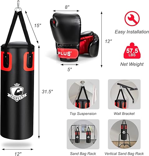 Miniatura 7 de Goplus Saco de boxeo para adultos, juego de bolsa de boxeo colgante pesada de 56 libras con guantes de boxeo de 12 onzas y envolturas de mano, bolsa