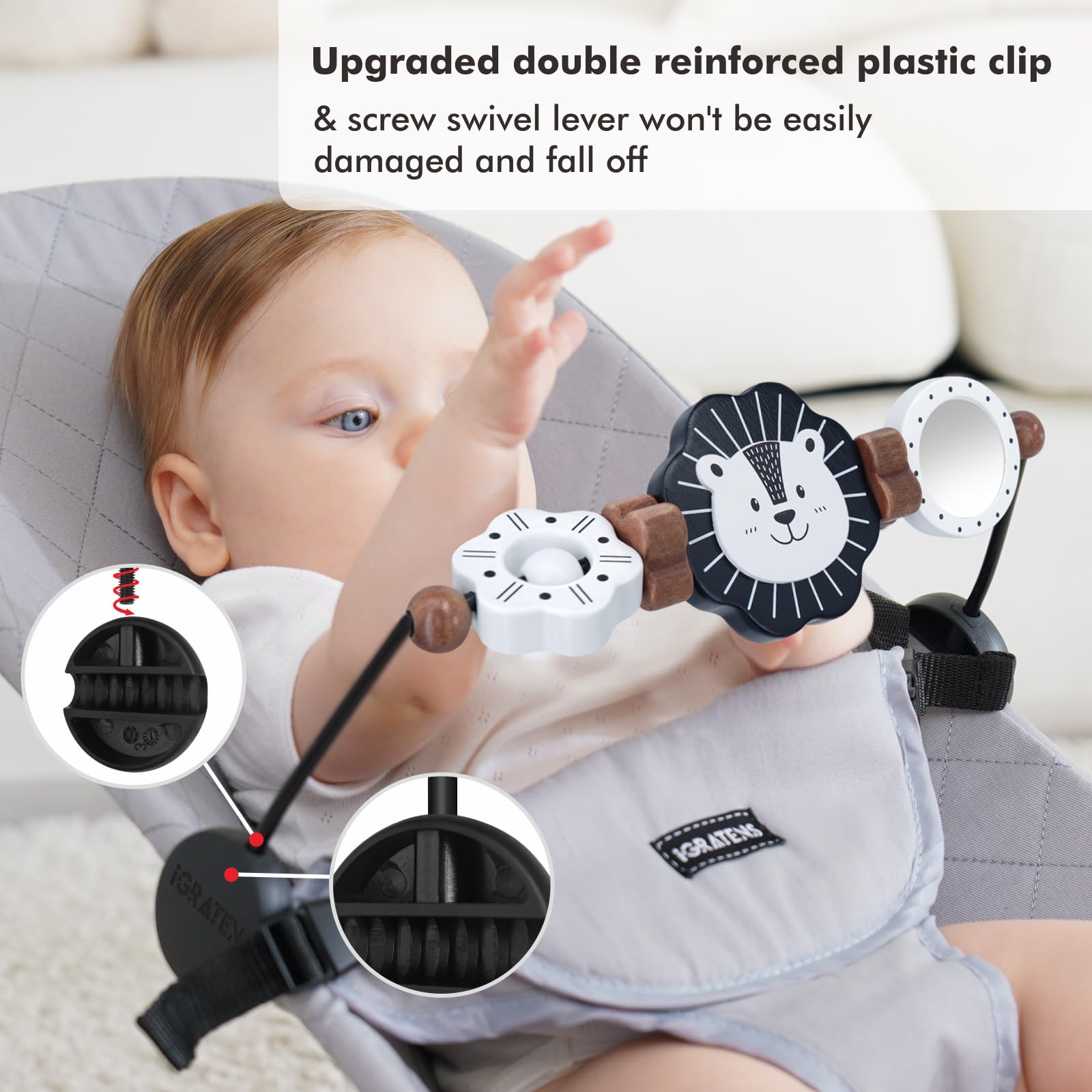 iGRATENS Baby Bjorn Bouncer Toy Bar, New Model Wooden Toy with Mirror for Baby Bouncer Soft & Bliss, Easy to Attach & Remove, Child-Friendly Material, Early Identification Black and White Toys, Lion - 4