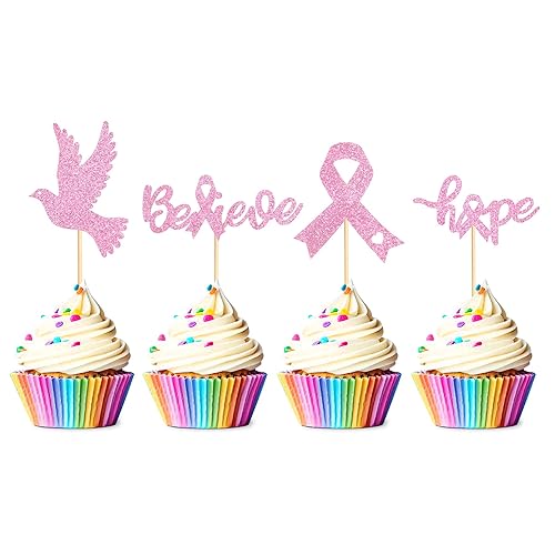 Miniatura 1 de Ercadio Paquete de 36 adornos para magdalenas con purpurina para concienciación sobre el cáncer de mama ensamblados Dove Believe Hope Cupcake Picks