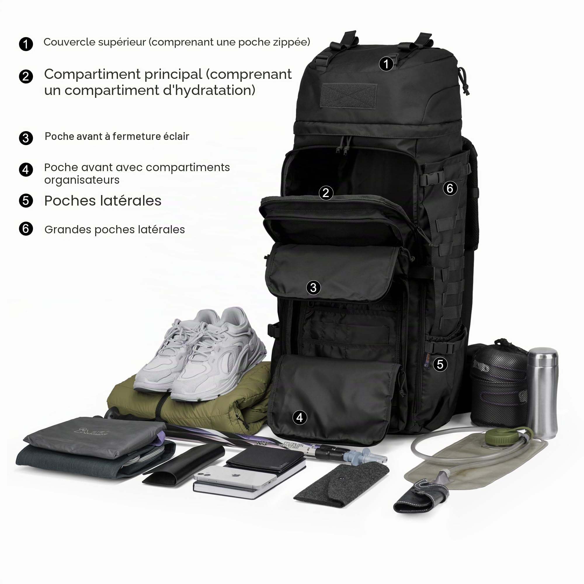 Mardingtop Sac à dos militaire 75L Sac à dos de randonnée avec housse de pluie，MOLLE-system Sac à dos de trekking Grande capacité Backpack pour le trekking,la randonnée et le camping
