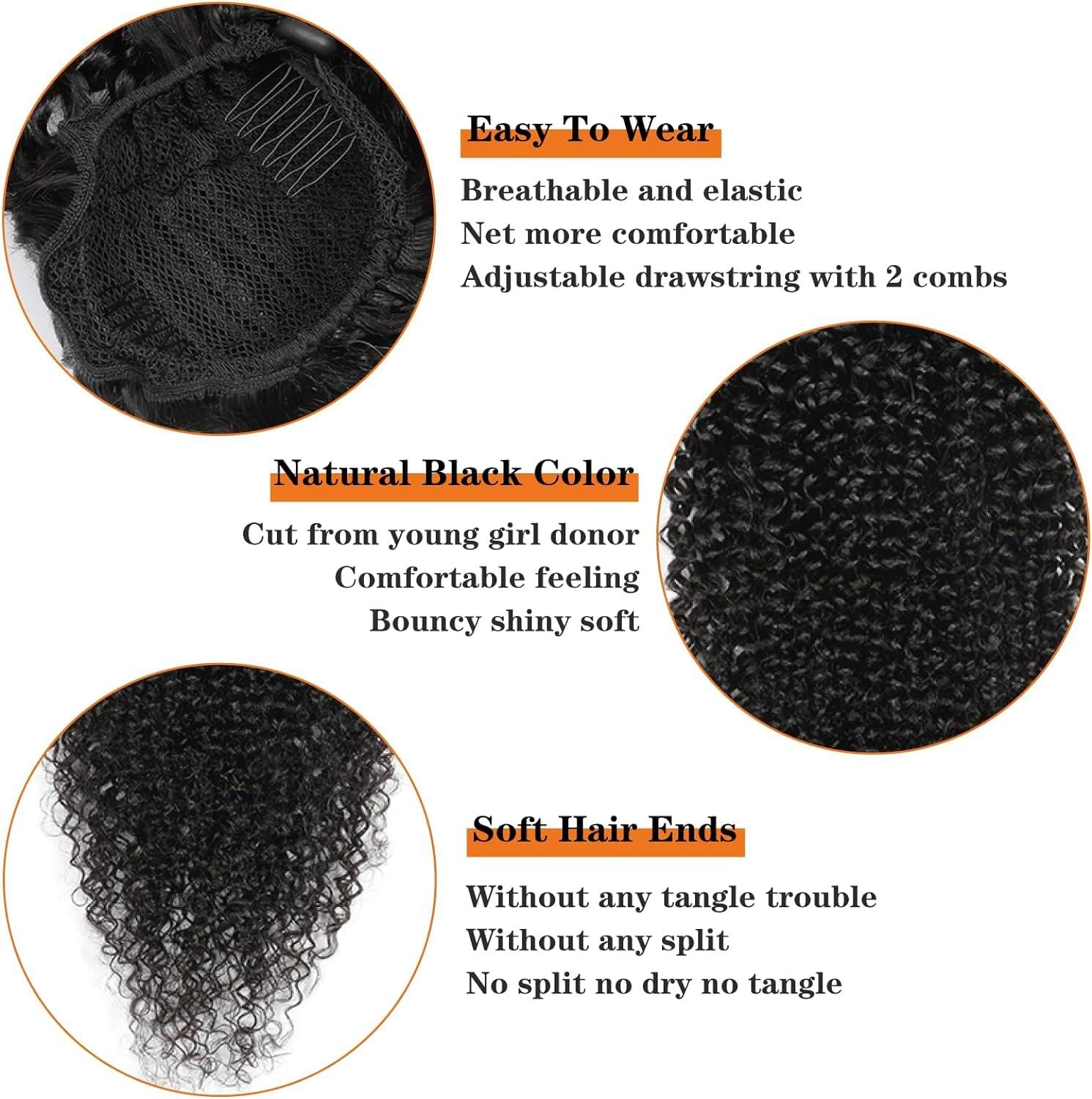 Datanala Kinky Curly Ponytail Extensions Brazilian Virgin Curly Human Hair Drawstring Ponytail Clip in Hair Extensions Natural Black Color(18inch Kinky Curly Ponytail) - Image 4