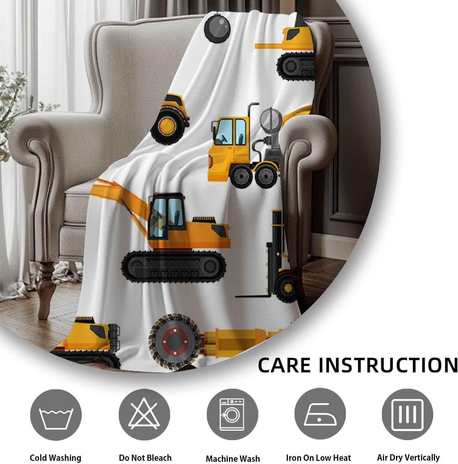 Construction Truck Curtains for Boys Bedroom White Yellow Cartoon Excavator Tractor Construction Site Blackout Window Curtains with Grommets Nursery Window Drapes 2 Panel Set,26x96inch