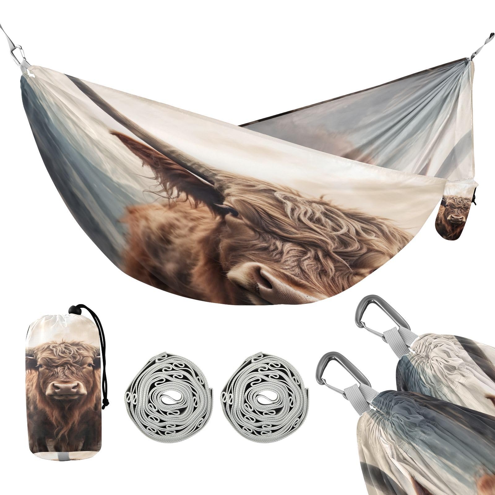 Haskirky Highland Cows Camping Hammock, Single Portable Hammocks with Tree Straps & Attached Carry Bag, 330Lbs Capacity Perfect for Outside Indoor Hiking Beach Backpack Travel