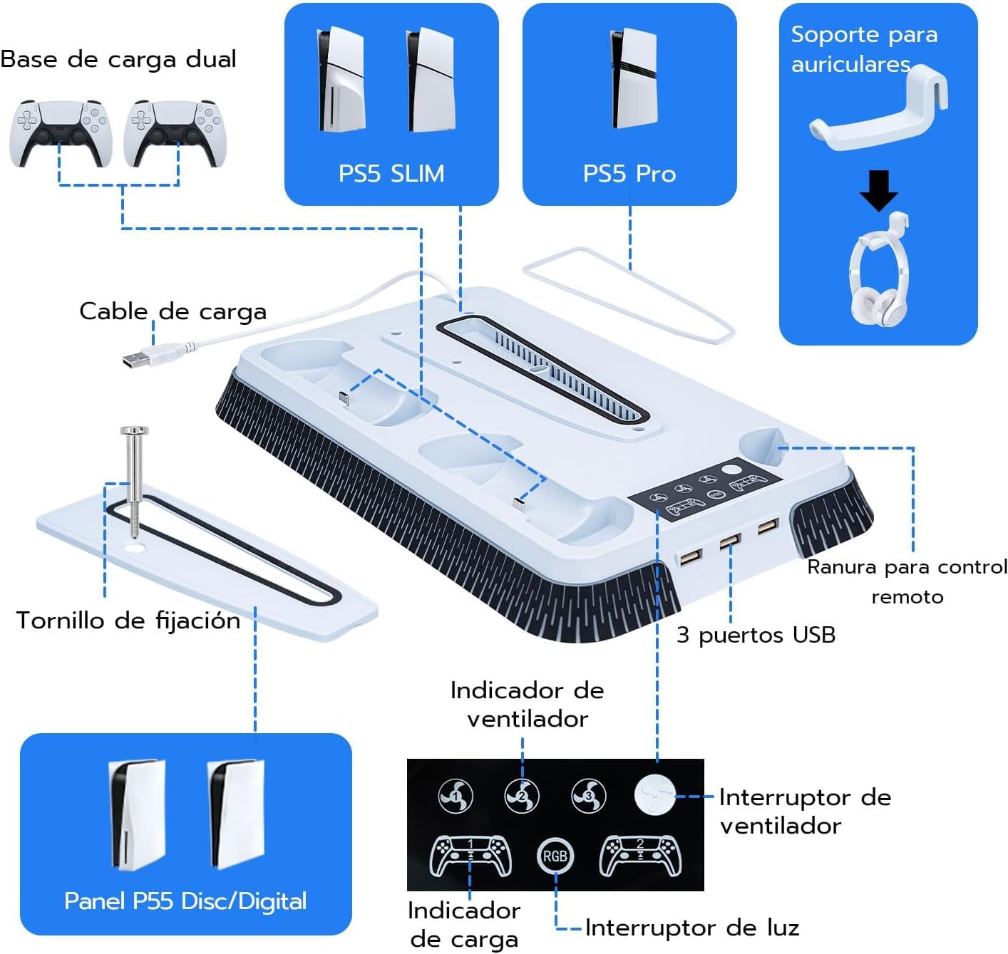 Supporto verticale per PS5 Slim Pro RGB Base Stazione di Raffreddamento con Ventilazione e Illuminazione, Ricarica per 2 Mando, Include 2 Protezioni Antiscivolo per Telecomando Regalo