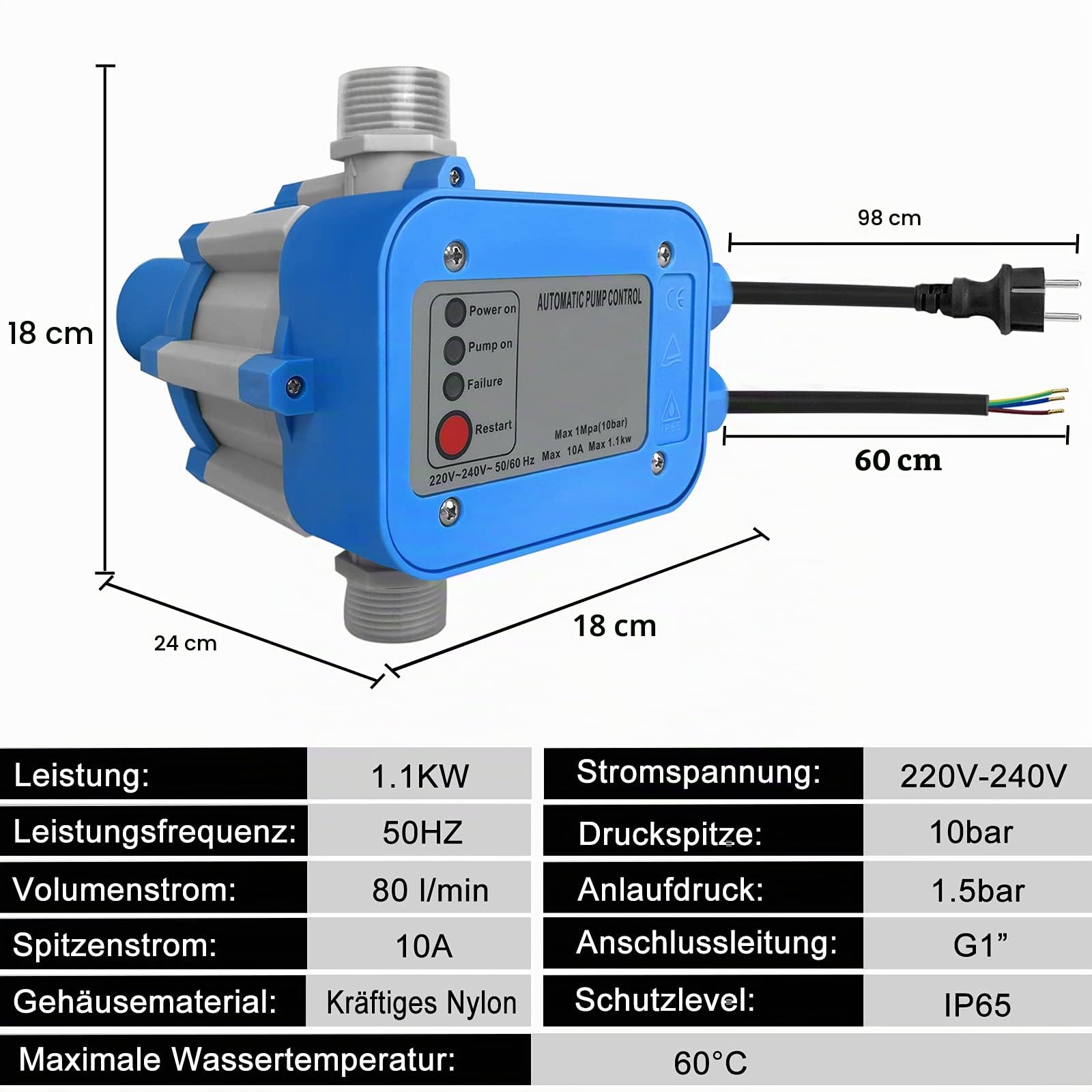 NAIZY Bomba de control de presión, máx. 10 bar, control automático de presión, con cable y enchufe, IP65 para instalaciones de agua domésticas, bombas de pozos profundos, riego de jardín (tipo A)