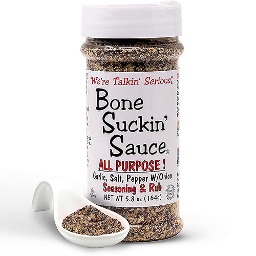 Bone Suckin' Condimento y frote multiusos, cero calorías, sin azúcar, sin gluten, sin OMG, sin MSG, kosher, ajo, sal, pimienta y cebolla