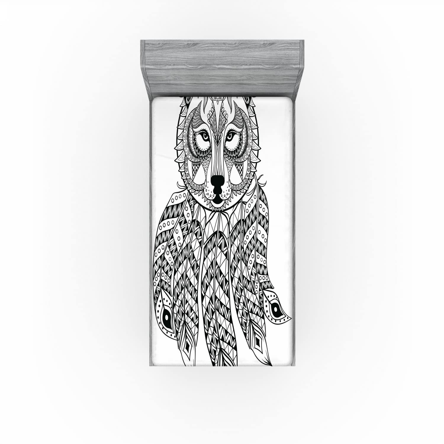 Ambesonne Tribal 2 Pack Fitted Sheet, Native America Wolf Head, Bed Cover All-Round Elastic Deep Pockets 2 Pieces, Package Contains 2 Twin Size Fitted Sheets, Charcoal Black