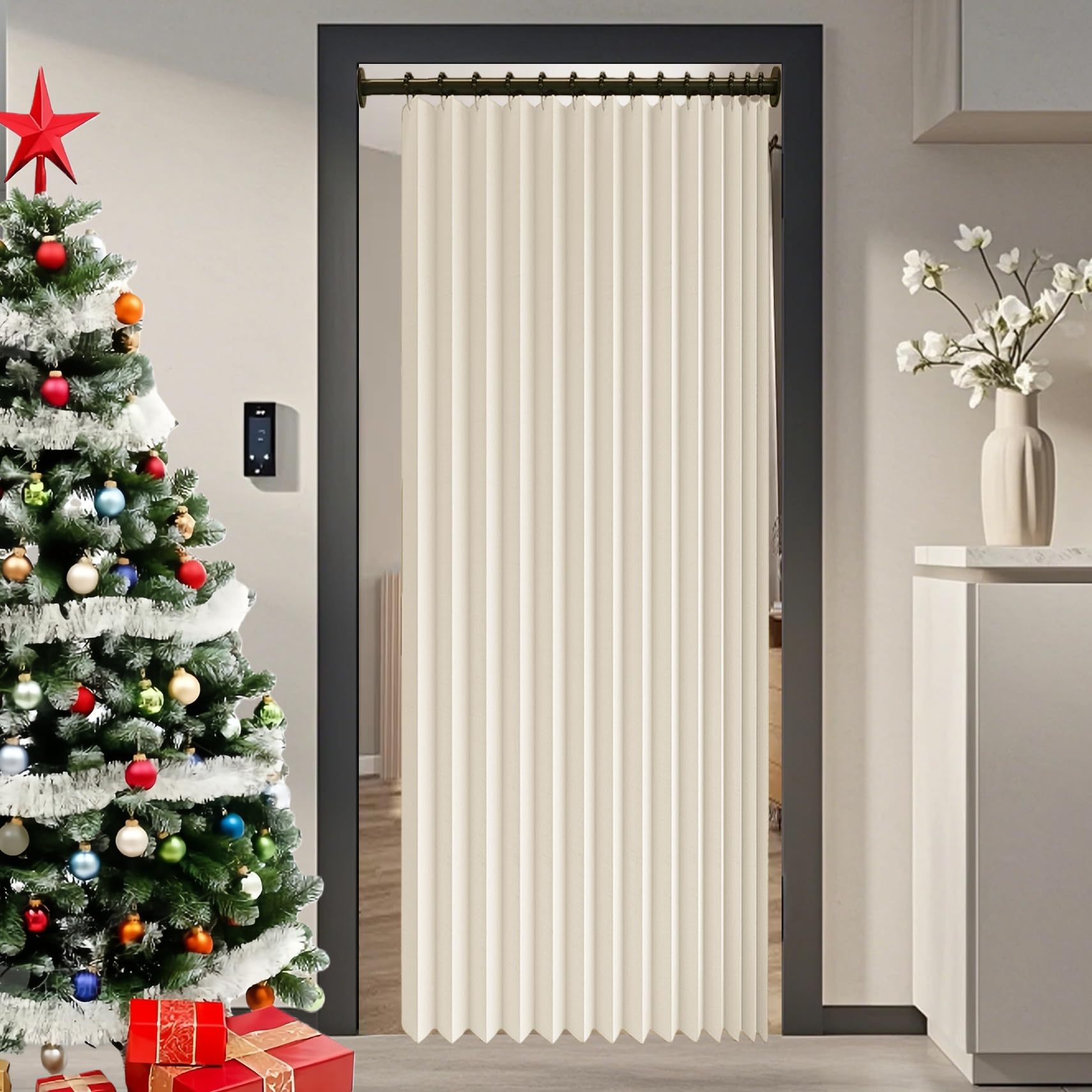 Magnetischer Türvorhang im Akkordeon-Stil 150 x 174 cm Wärme, Gegen Kälte, Schalldämmende, Kälteschutz Hitzeschutz Türvorhang mit Mit Spur für Schlafzimmer, Wohnzimmer, Tür, Beige