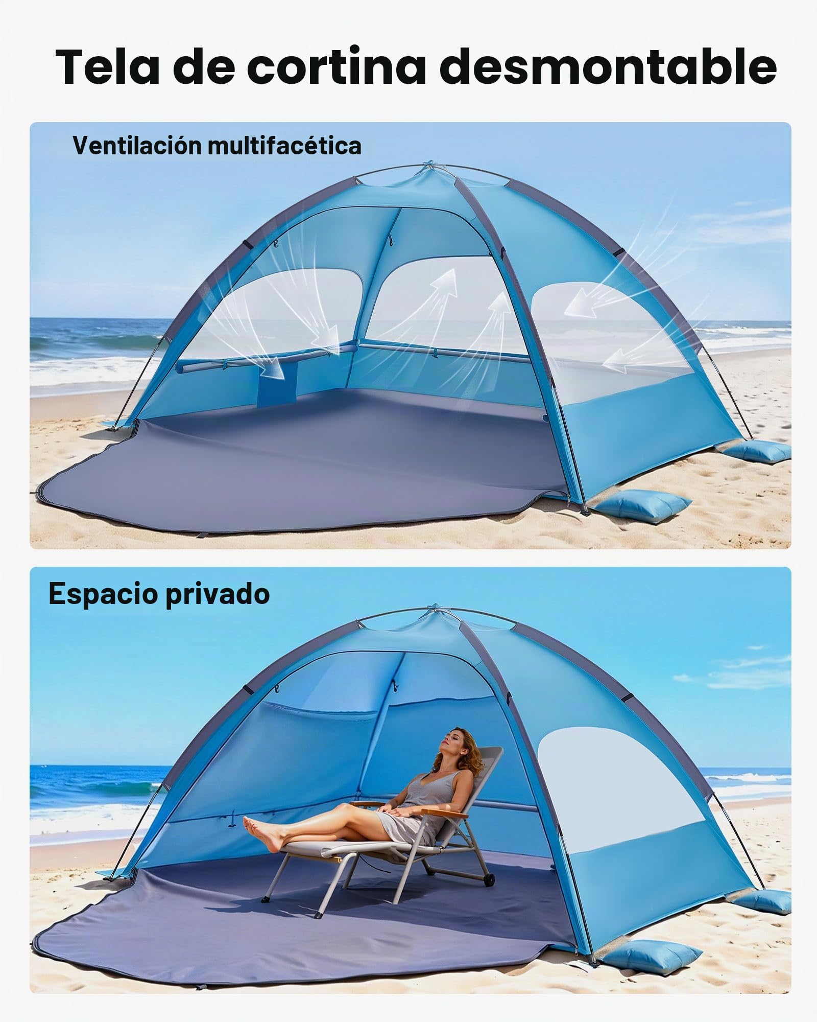 VEVOR Tienda de Playa para 4 Personas, Carpa de Refugio de Sol Protección UPF 50+, Carpa Portátil de Playa con Bolsa de Transporte y Bolsillos para Arena, para Acampar, Pescar, Picnics al Aire Libre