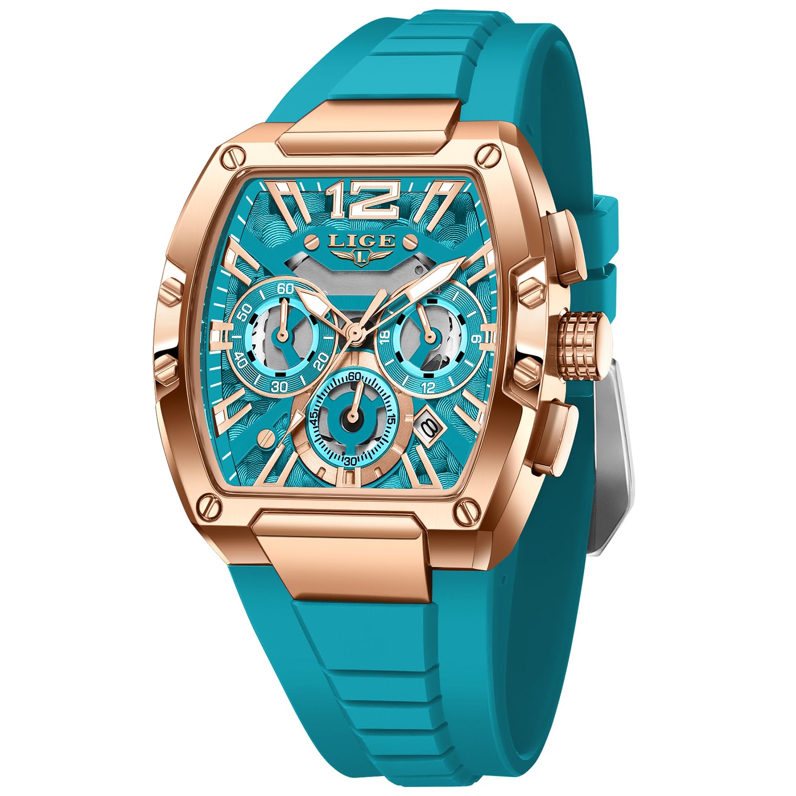 LIGE Reloj Hombre Cronógrafo Analógico de Cuarzo - Diseño Tonel Deportivo | con Correa de Silicona para Negocios y Ocio, con Calendario y Agujas Luminosas, Resistente al Agua 3 ATM, Regalo para Hombre