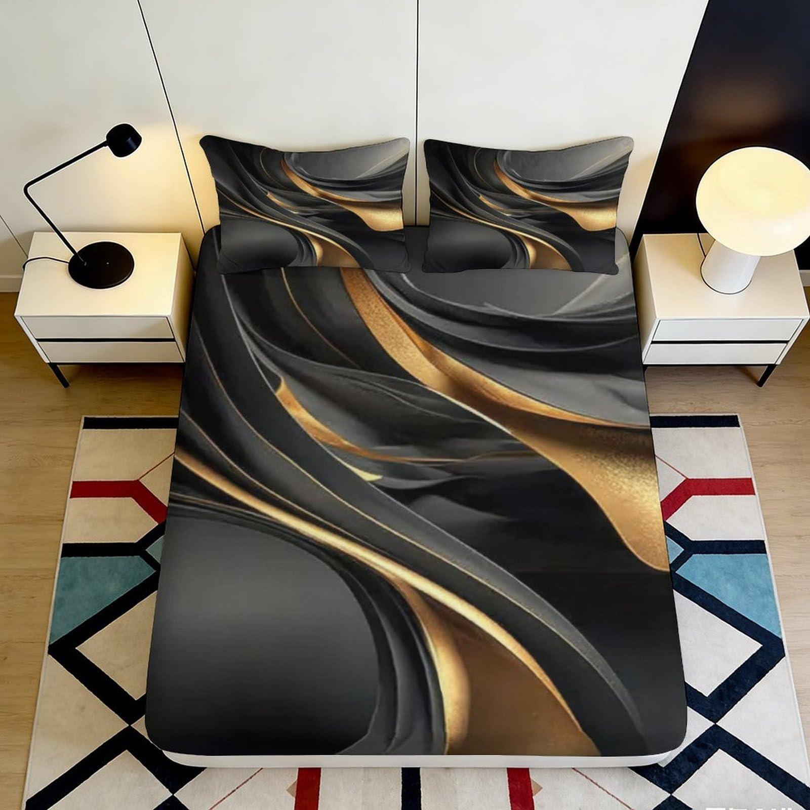 Jqzkxnhpbr Style-7 3D Printed Black Gold Abstract Fitted Sheet Microfiber Soft Luxury Swirl Pattern Mattress Cover For Bedroom Guest Room 90X200x25cm