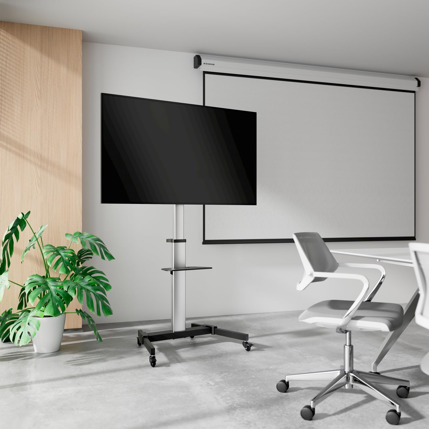 AISENS - FT86TRE-197 - Supporto da pavimento con ruota, vassoio per DVD per monitor/TV 50 kg di 37-86, nero-argento
