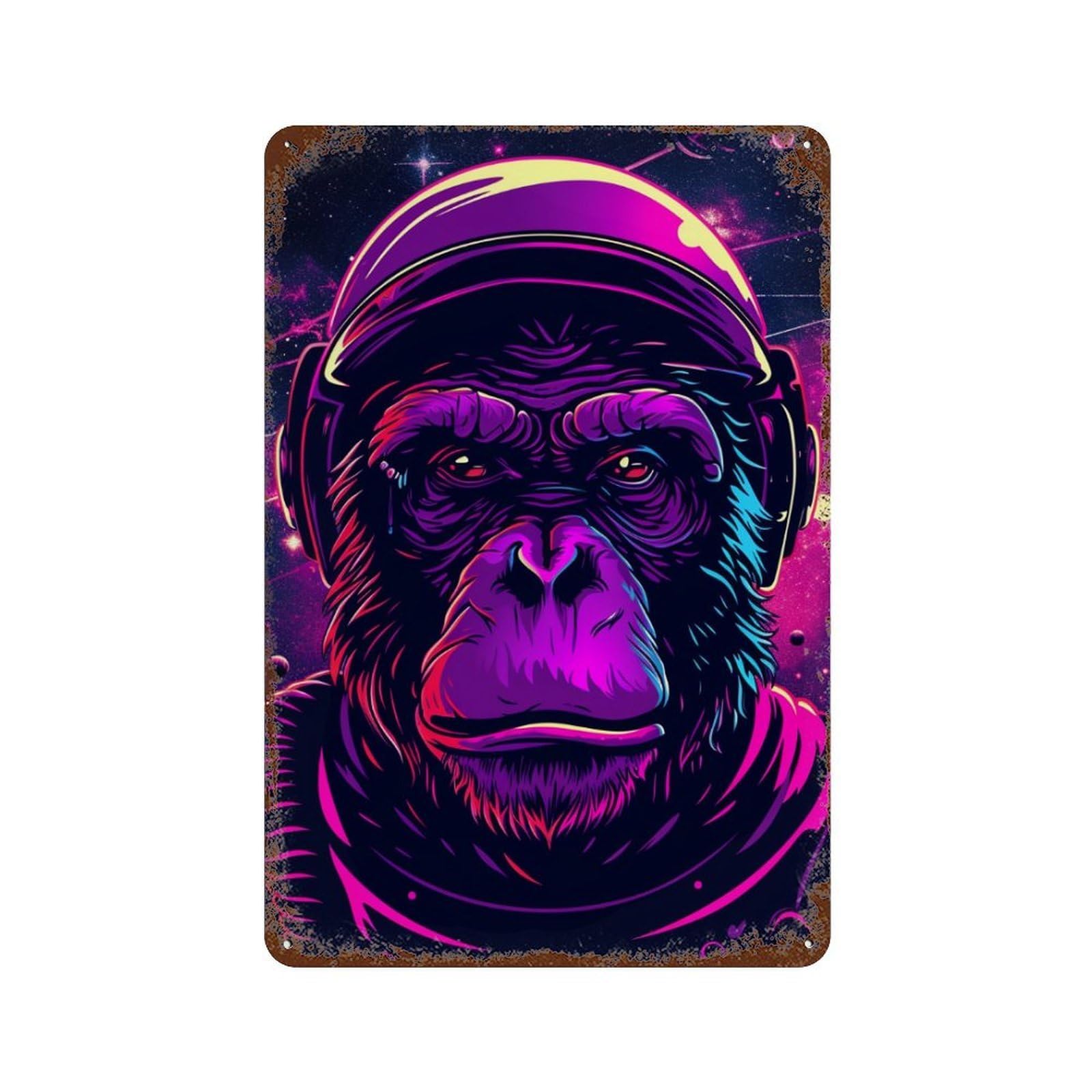 Vintage Rust Metal Sign Chimp Astronaut Space Art Print 11.8"x7.9", Old School Wall Decor for Garage, Bar And Workshop Decor