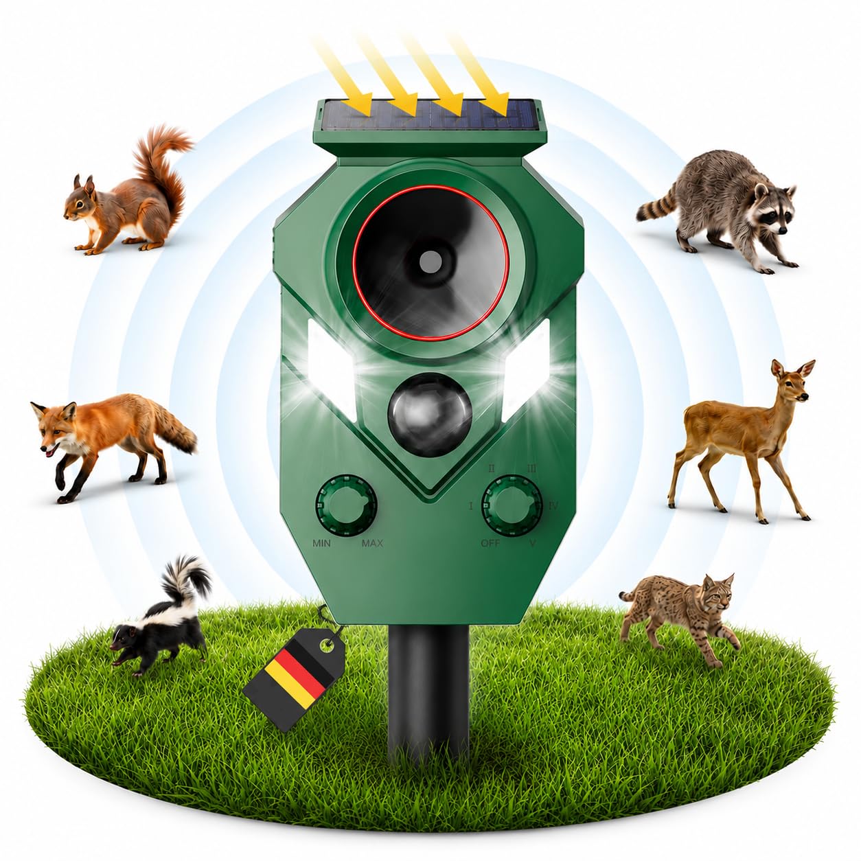 Ultraschall-Solar-Tiervertreiber, Katzenabwehr & Marderschreck mit PIR-Sensor, 5 Betriebsmodi, IP65 wasserdicht – für Garten, Terrasse, gegen Vögel und Wühlmäuse