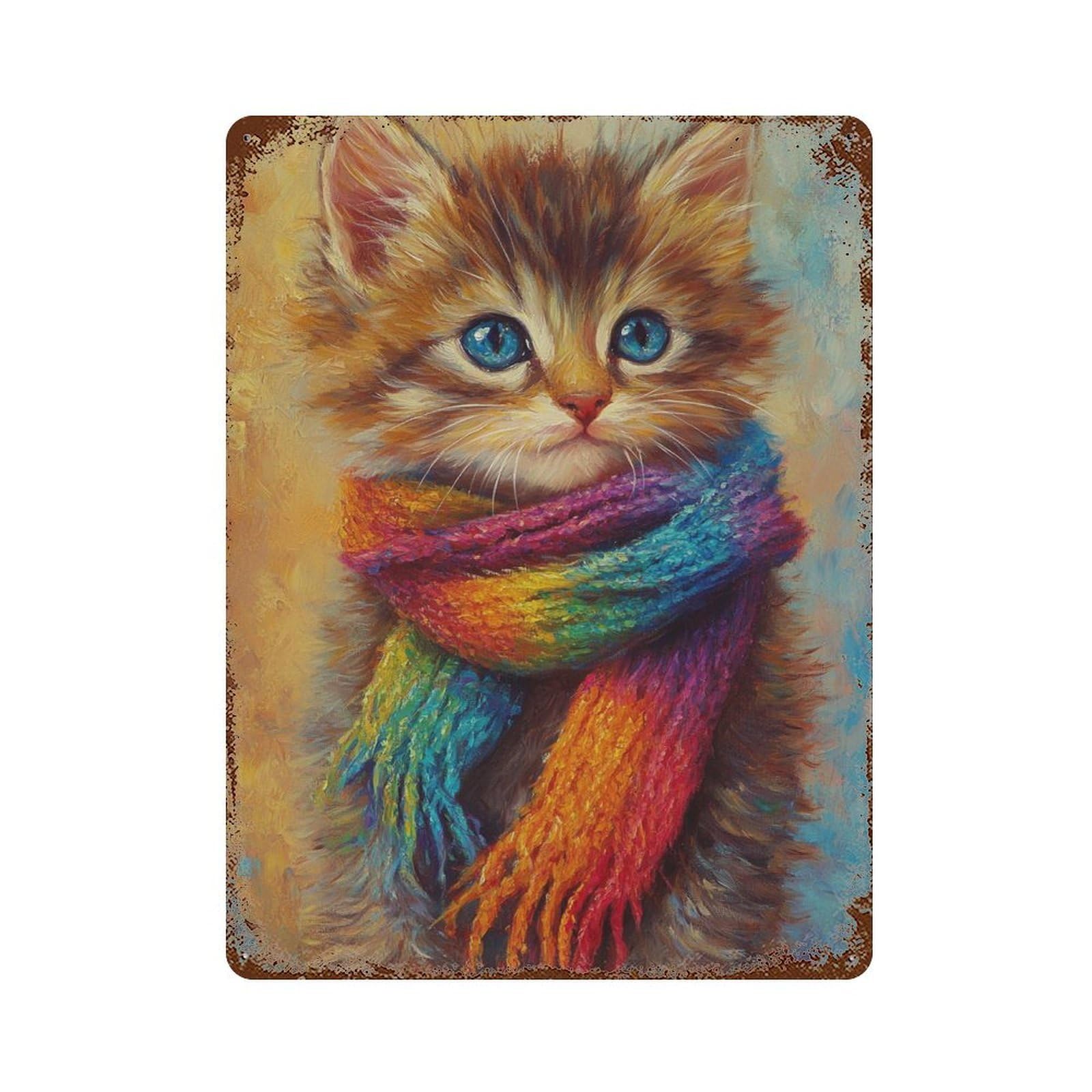 Kitten in Rainbow Scarf Rust Effect Tin Sign 15.7"x11.8", Industrial Home Decor for Garage, Bar And Workshop Decor
