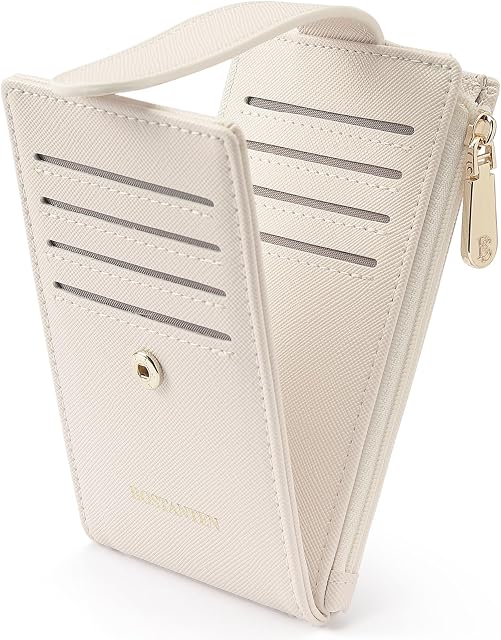 BOSTANTEN Etui na karty kredytowe, damskie, ze skóry PU, mały, ochrona RFID, etui na karty z przegródką na monety, portmonetka mini, Slim Card Holder z 14 przegródkami na karty, beżowy