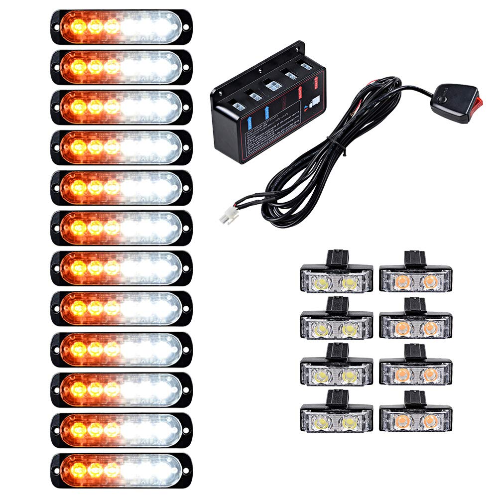 Astra Depot 12PCS Ultra Slim 6-LED 18W Emergency Hazard Caution Surface Mount Strobe Light & 8pcs Car Truck Grille Deck Dash Flashing Light - Amber White