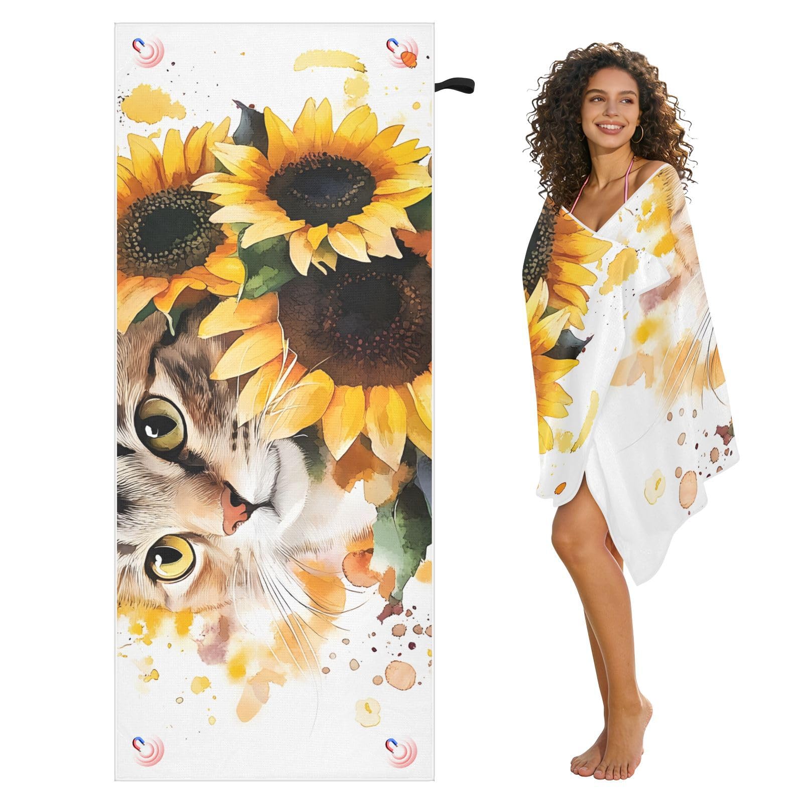 Grandes serviettes de plage avec sacs en maille pour adultes, serviette de bain chat tournesol avec fermeture magnétique, anti-sable, serviette à séchage rapide pour piscine, camping et voyage