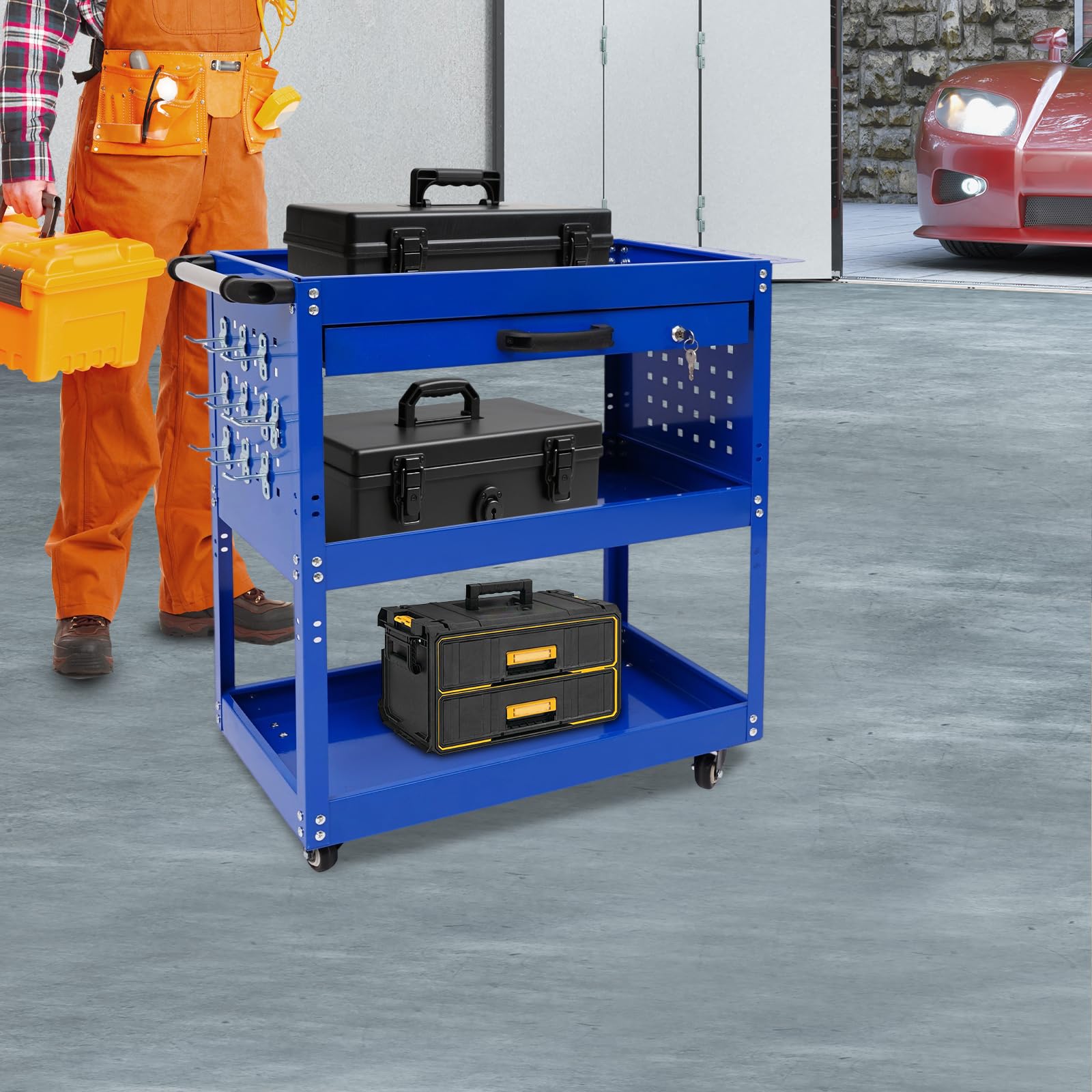 Carro de herramientas con 3 compartimentos, vacío, con cajones y llaves, armario de herramientas móvil de metal para talleres, garajes, almacenes, hasta 250 kg (azul)