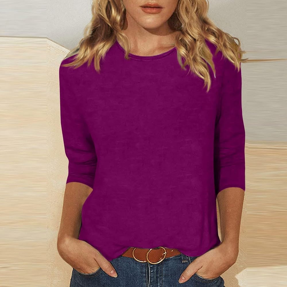 Womens 3/4 Sleeve Shirts Casual Loose Fit Crew Neck T Shirts
