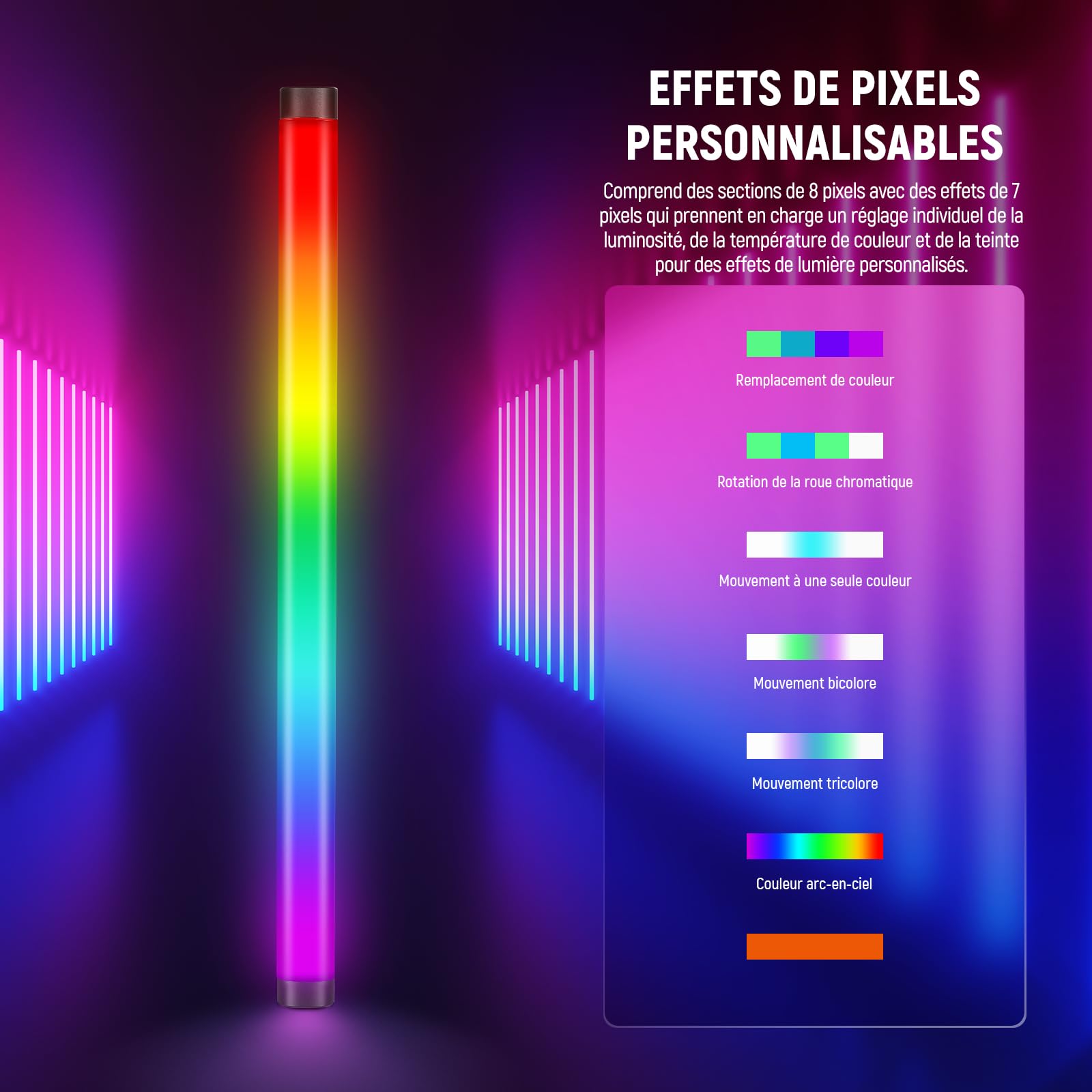NEEWER TL60 Tube Éclairage Vidéo RGB, Lampe Vidéo LED Portable RGBWW pour Photographie, Bâton Lumineux avec 2,4 G APP Contrôle/DMX, 7 Effets Pixels, 18 Scènes, 2500K-10000K TLCI98+, Batterie 3000mAh