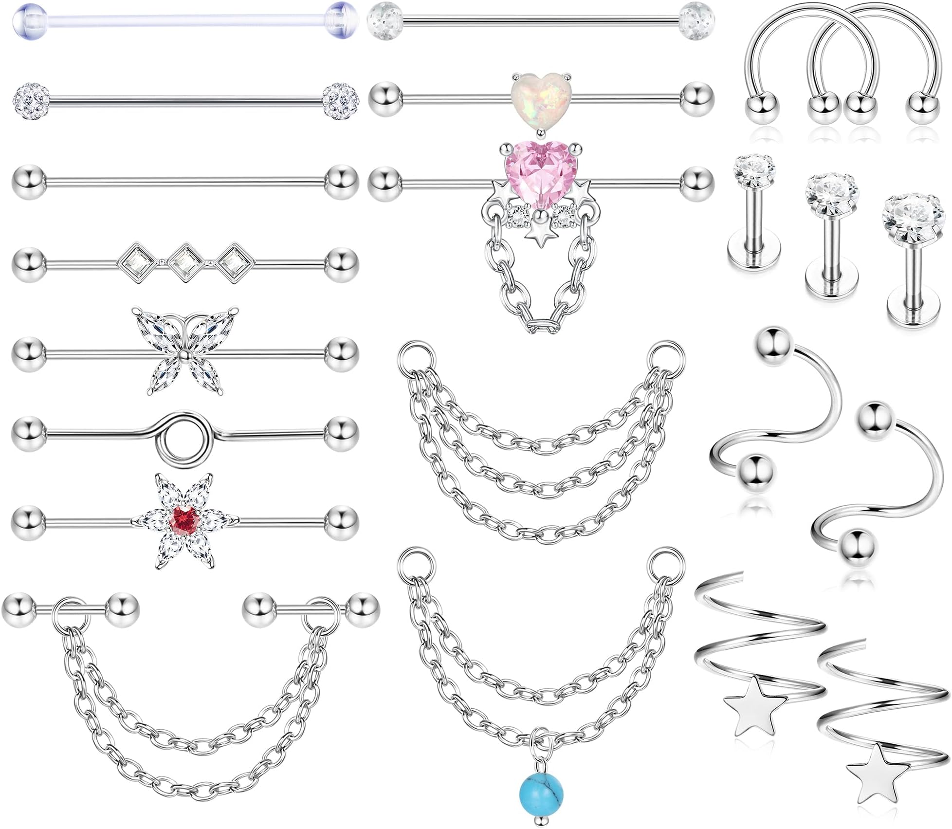 LOLIAS18-21 Pcs Industrial Piercing Jewellery 14G Surgical Steel Scaffold Piercing Jewellery Helix Snake Butterfly Flower Industrial Bar Piercing Earrings Scaffolding Piercing Bar Gold Silver Black