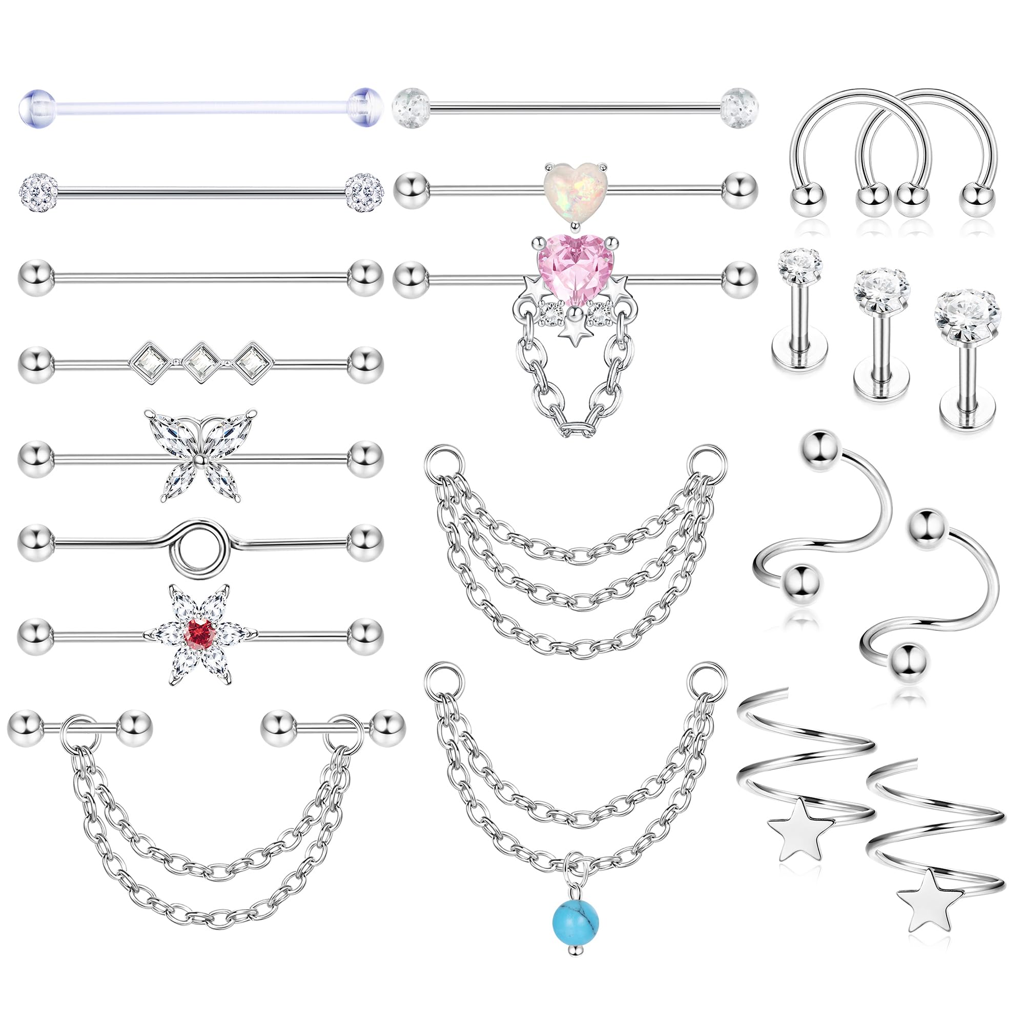 LOLIAS18-21 Pcs Industrial Piercing Jewellery 14G Surgical Steel Scaffold Piercing Jewellery Helix Snake Butterfly Flower Industrial Bar Piercing Earrings Scaffolding Piercing Bar Gold Silver Black