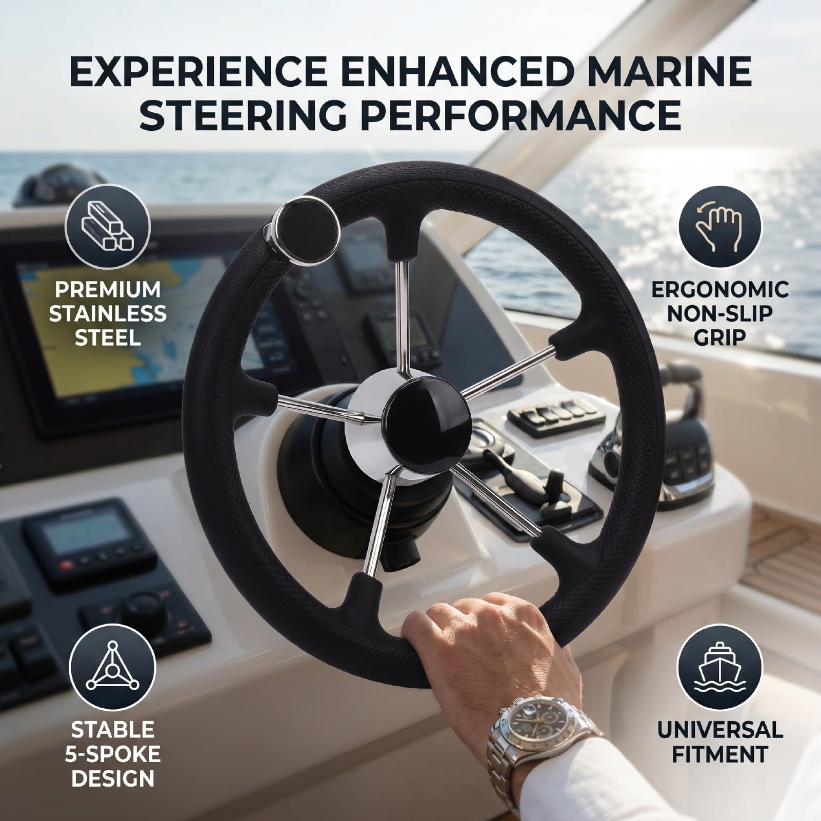 Volante Marino da 13,5 Pollici, Volante per Barca in Acciaio Inossidabile, per Yacht con Impugnatura Antiscivolo, Design a 5 Razze con Fori di Montaggio Standard per