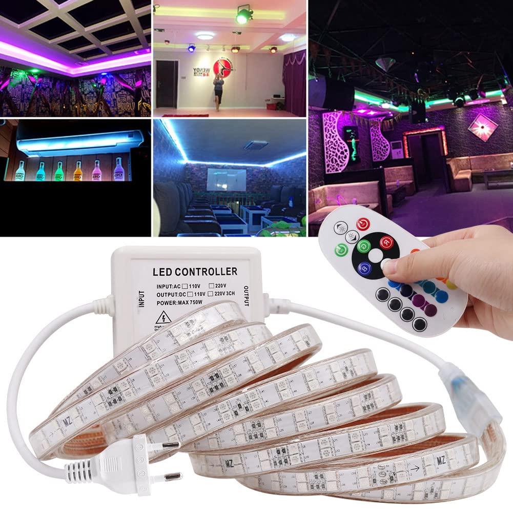 Doppelreihe RGB LED Streifen, 7M 230V SMD5050 120LEDs/m Flexibler Bunt Streifen, Innen Multi-Farbwechsel LED Lichtband mit 24 Tasten Fernbedienung und 750W RGB Regler für Schlafzimmer, Schrank