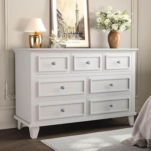GAOMON White Dresser, 7 Drawer Dresser for Bedroom, Chest of Drawers with Deep Drawers, Closet Dressers with Metal Handle, Thickened Desktop, Wood Rustic Drawers for Hallway, Entryway, Closet