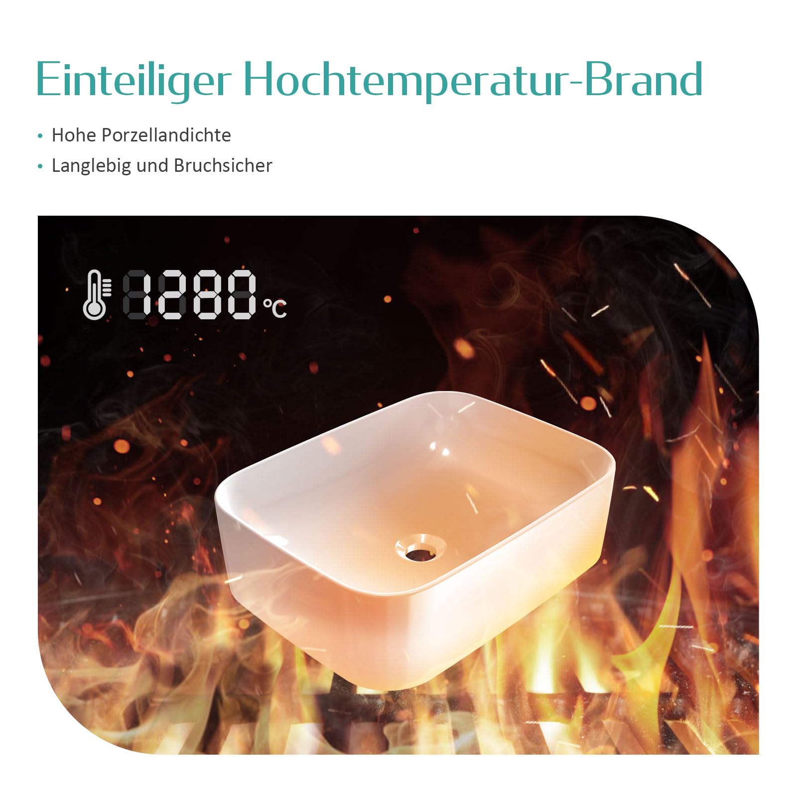 EMKE Lavabo da appoggio 610 x 380 x 150 mm, Lavabo rettangolare in ceramica per bagno, bianco brillante, lavabo di alta qualità per bagno, facile da pulire e installare