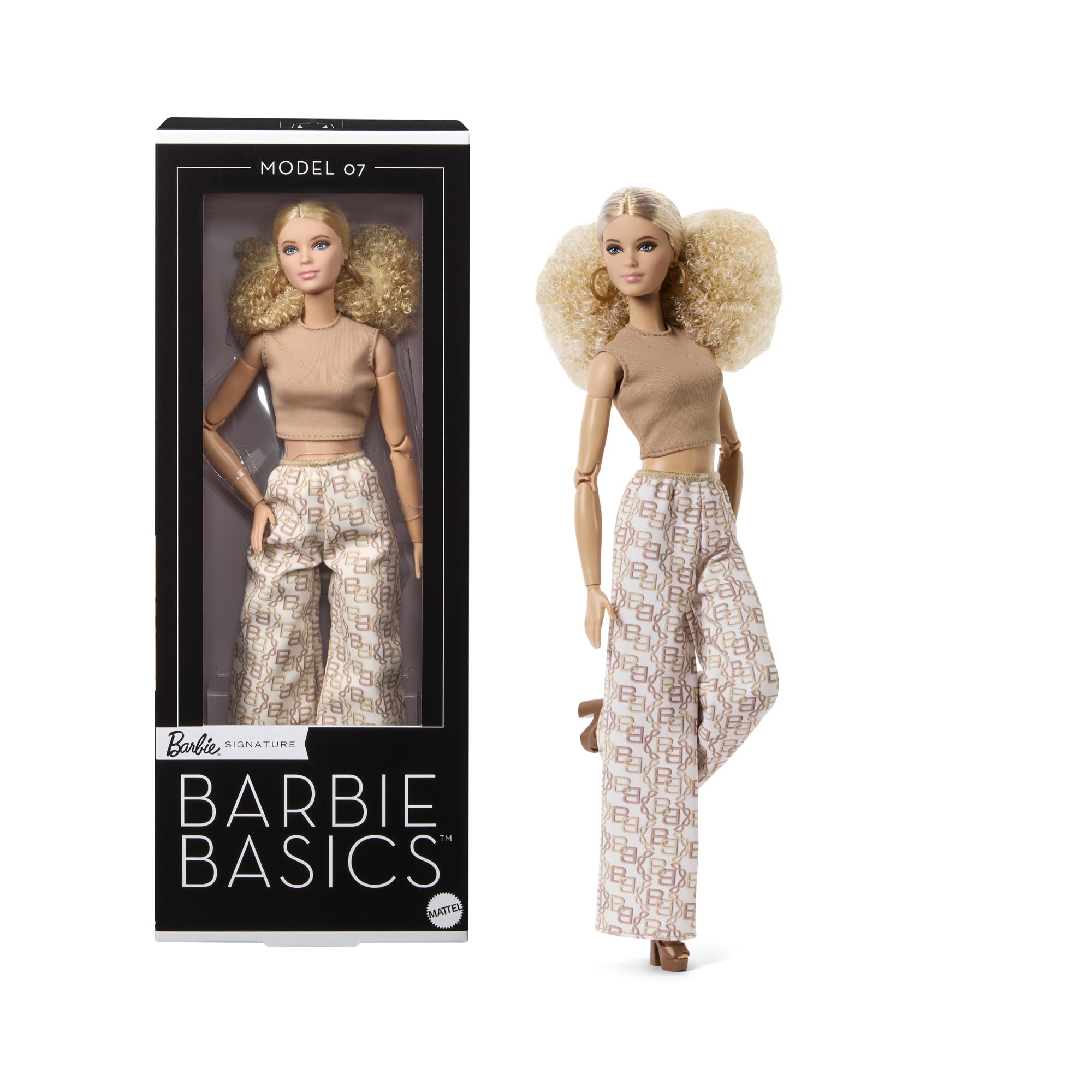 Barbie Basics Model Collector Fashion Doll 07 with Blonde Hair & White Print Pants, Universal-fit Fashions & Posable Body, JJX26