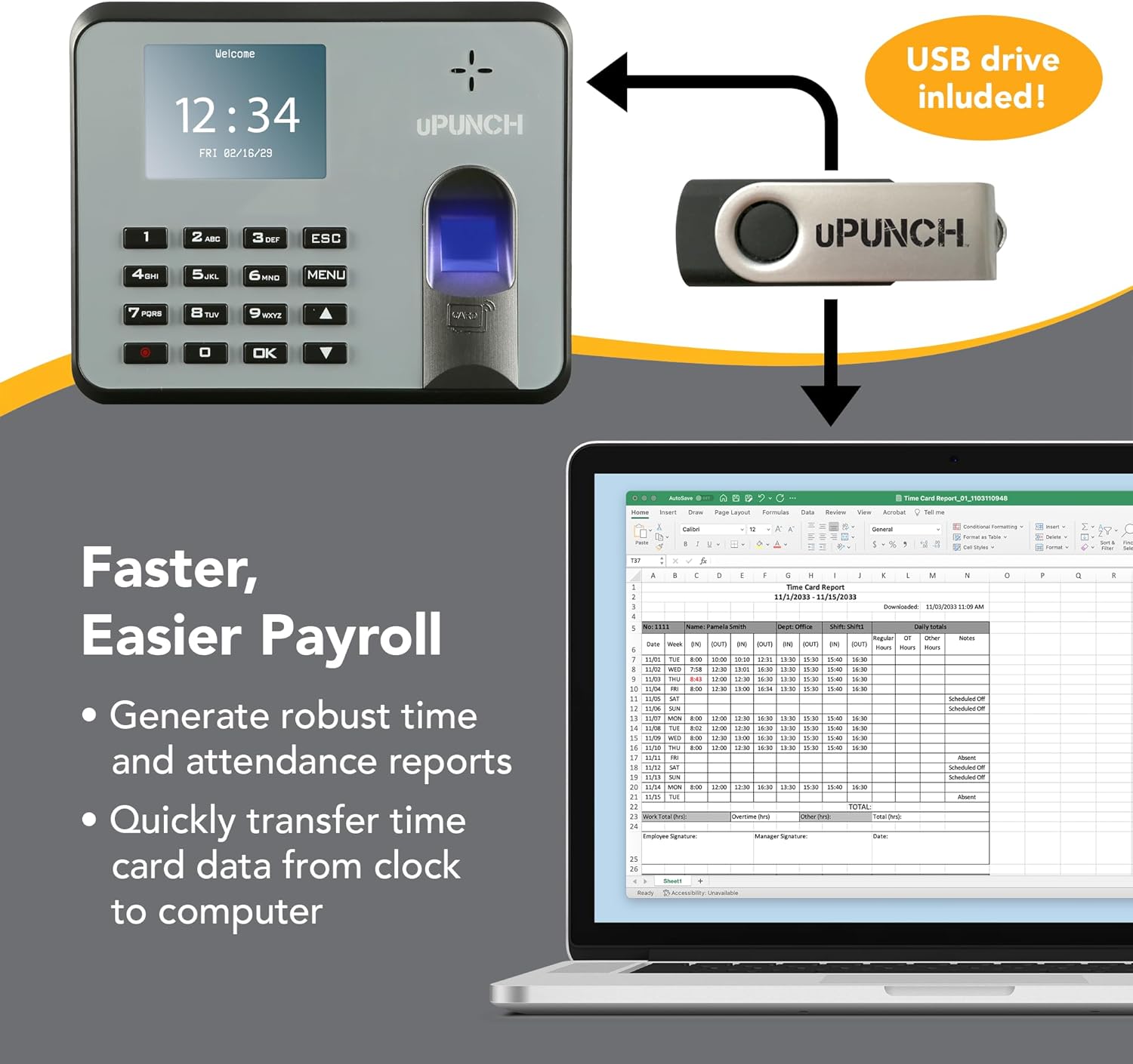 Laptop displaying an Excel time card report generated from the uPunch time clock data