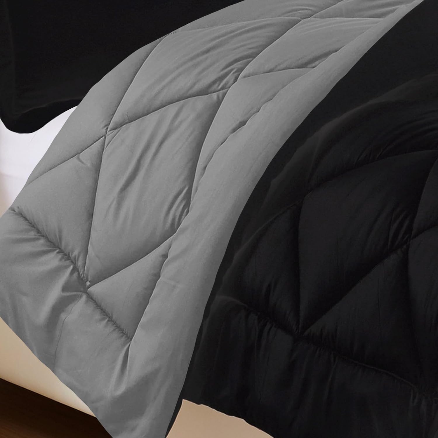Elegance Linen Silky Soft - Goose Down Alternative Reversible 3pc Comforter Set- Available in A Few Sizes and Colors, Full/Queen, Black/Gray