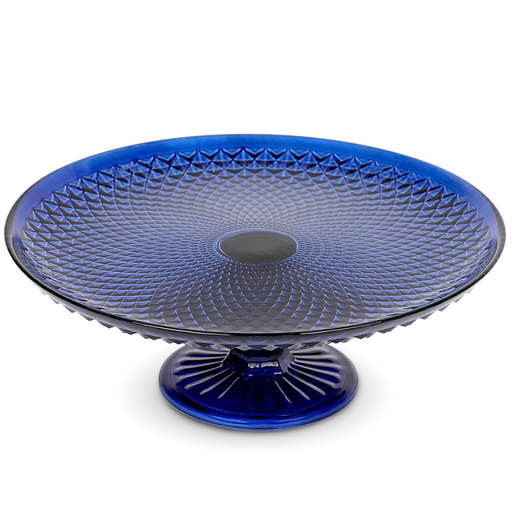 Amici Home Diamond Footed Glass Cake Stand | Round Vintage Style Cake Plate | Serving Platter for Cupcakes, Cookies | Dessert Display Stand for Parties, Weddings, and Gift | 10” D x 3.7” H (Cobalt)