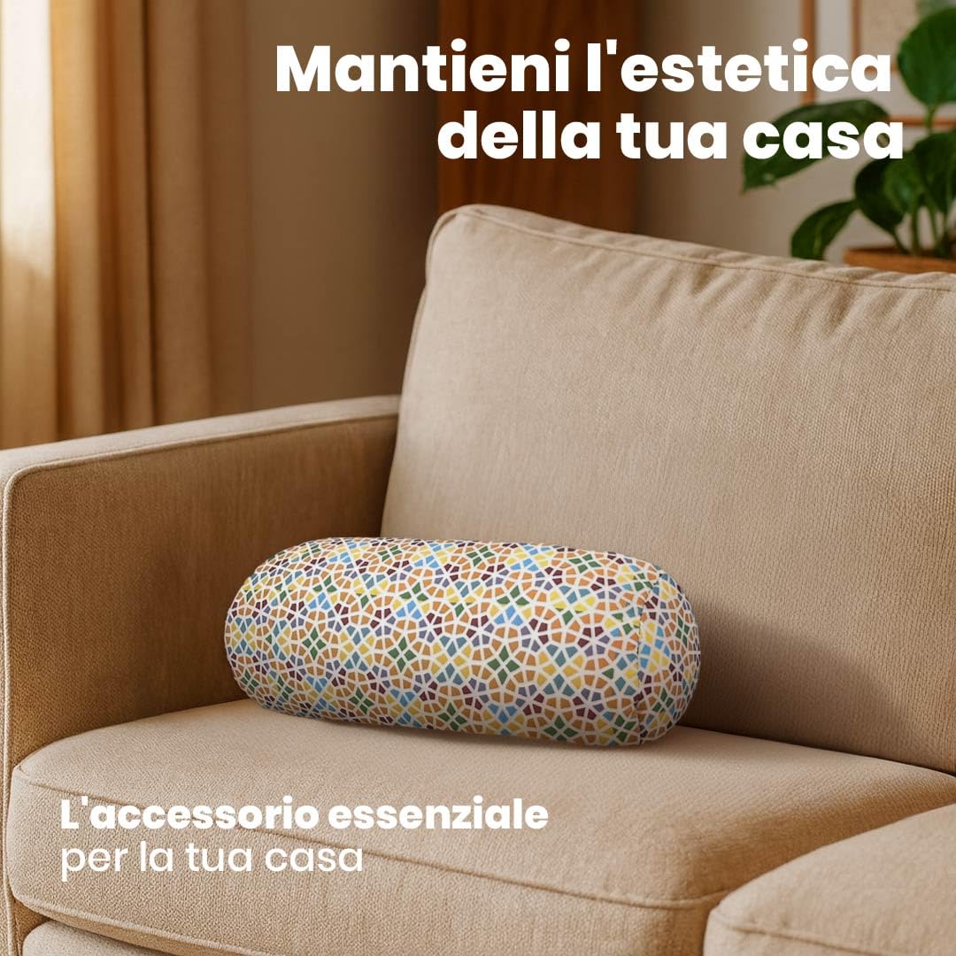 Cuscino Rotondo Anti-Stress Relax | Sollievo per Collo e Lombare | Riempimento con Microperle Confortevoli | Tessuto in Lycra Morbida al Tatto | Lavabile in Lavatrice | 35x15 cm(Mosaico)