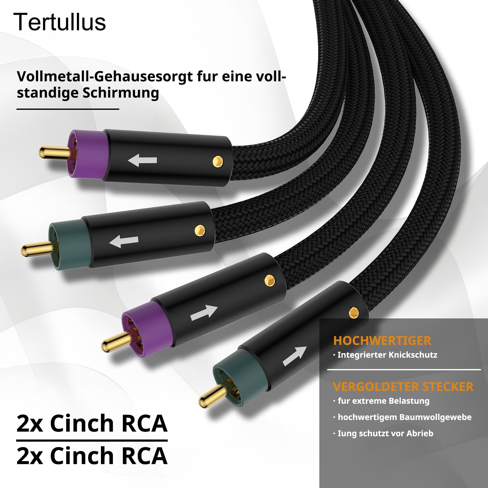 Tertullus High-End kabel cinch audio do gramofonu, kina domowego i instalacji HiFi, OFC srebrzone złociste złącza 24k (2m/6.56ft)