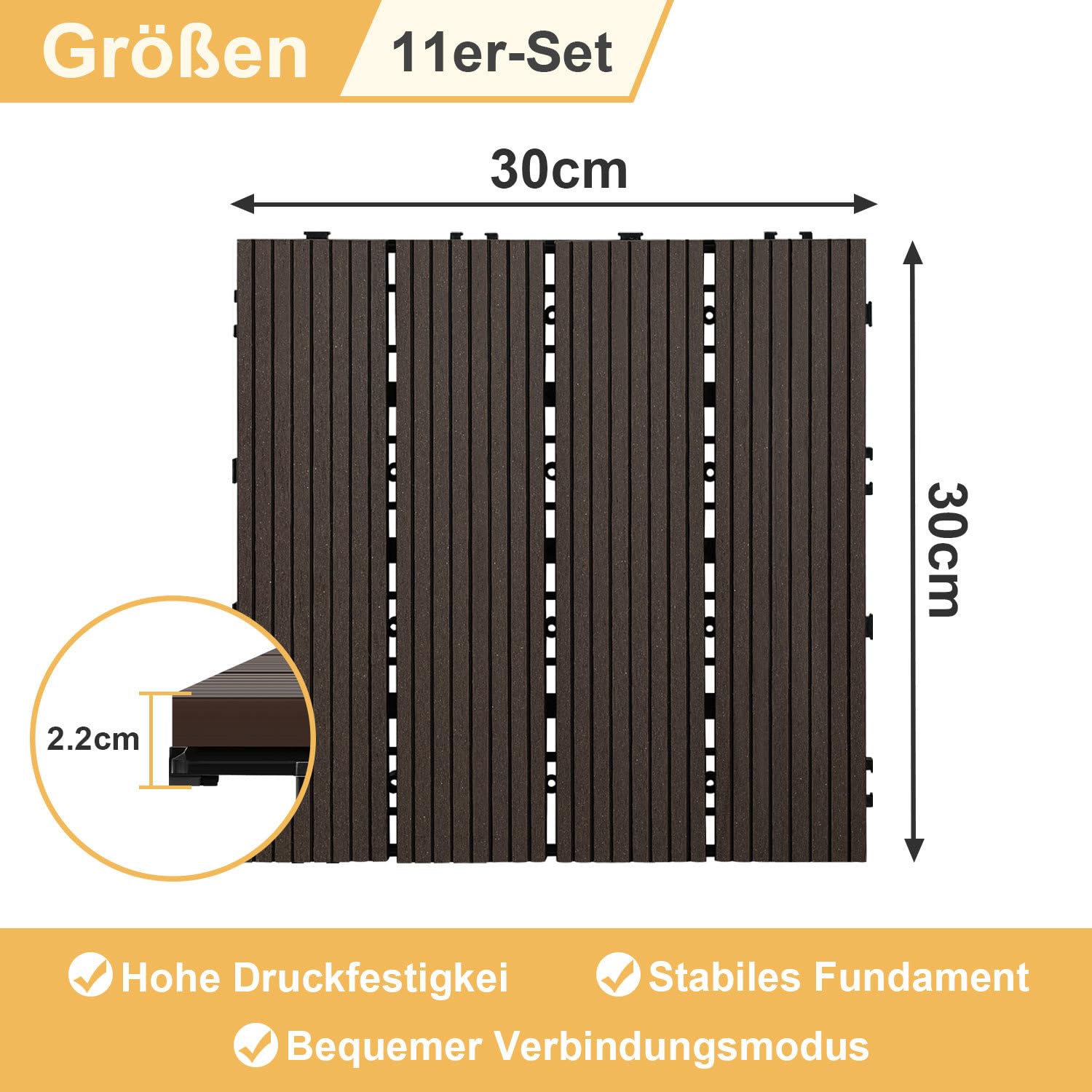 WPC Piastrelle per Terrazze 30x30 cm in caffè, 11 Pezzi (1 m²) con Sistema a Clic, Impermeabili per Balconi e Terrazze, Facili da Posare