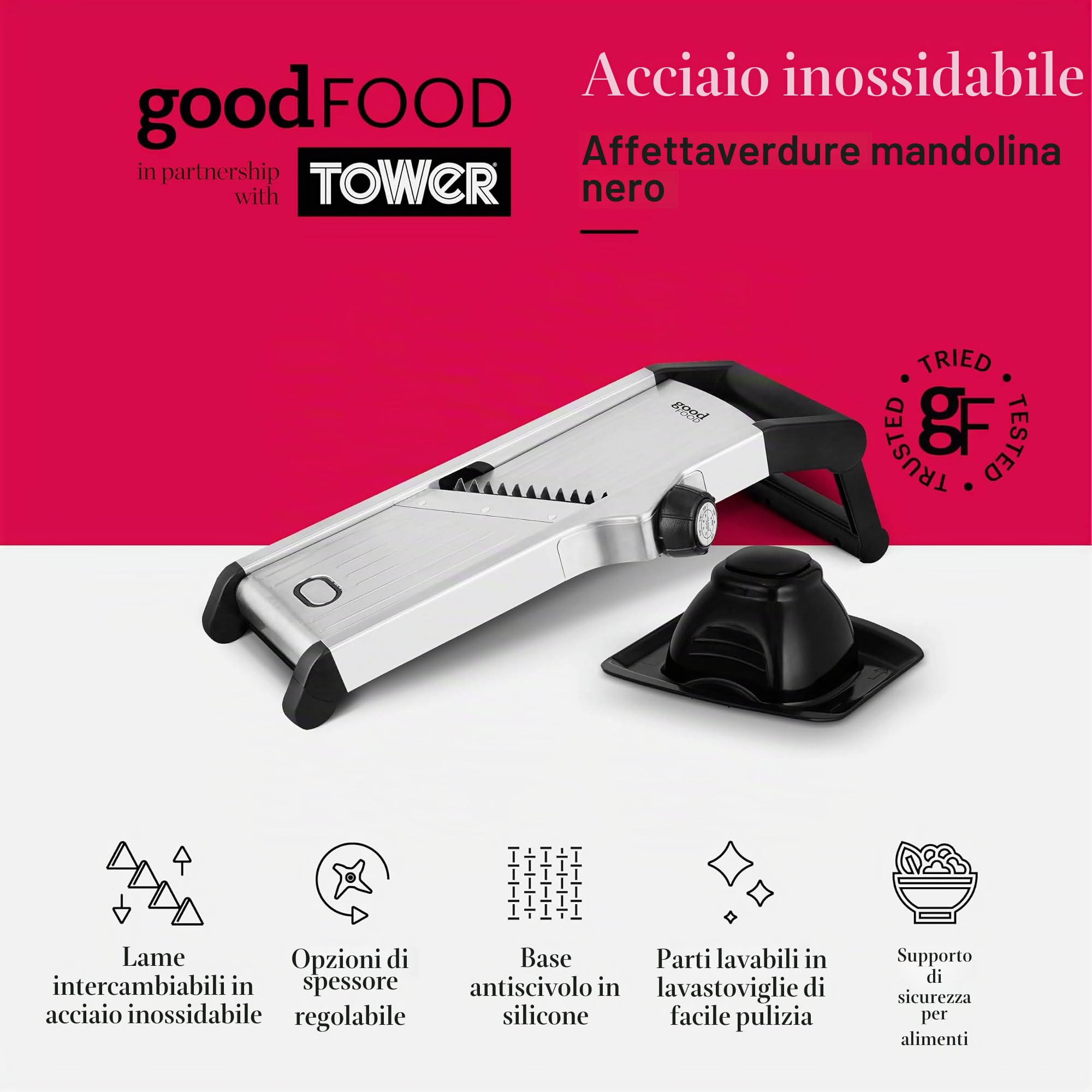 Good Food GF847073 - Mandolino da chef con lame di precisione in acciaio inox, impostazioni regolabili e base antiscivolo in silicone, acciaio inossidabile e nero