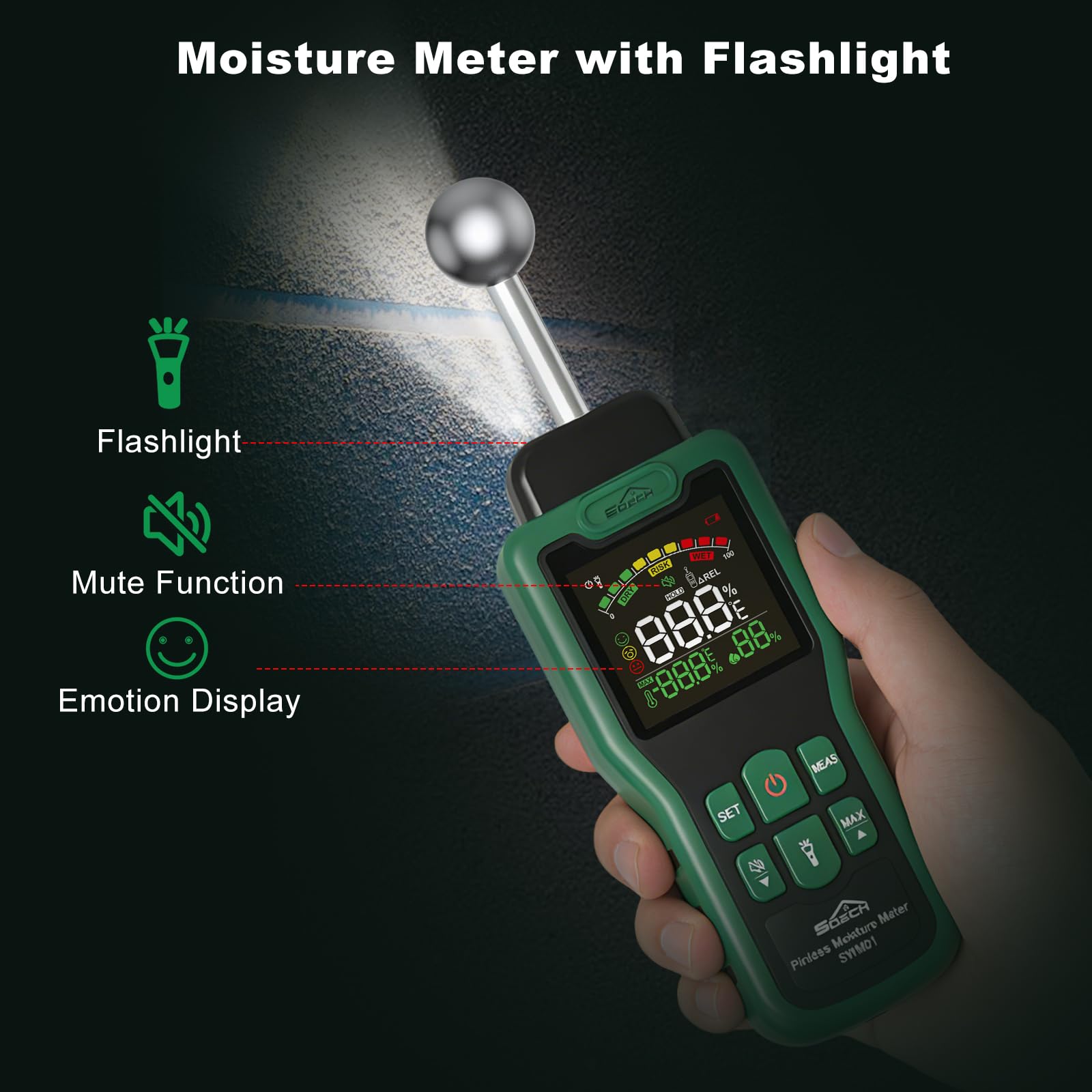 Feuchtigkeitsmessgerät, SQECH Feuchtigkeitsmesser mit Thermometer, Taschenlampe, Alarm, Multifunktionaler Feuchtemessgerät mit Farb-LCD, für Wand, Holz, Mauerwerk,Wohnwagen, Wohnung