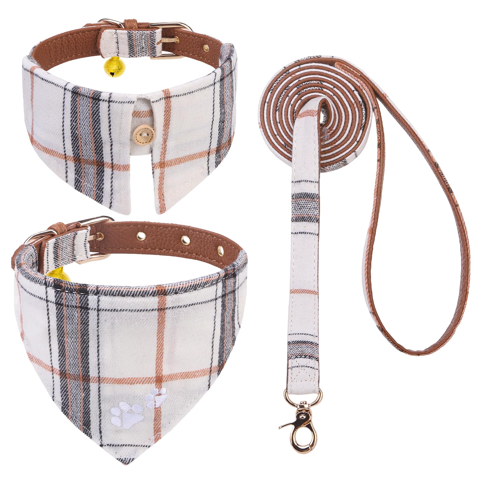 EXPAWLORER Dog Collar and Lead Set, Plaid Puppy Collar and Lead Embroidery Pawprint, Cute Pet Bandana Neck Decor with Bell